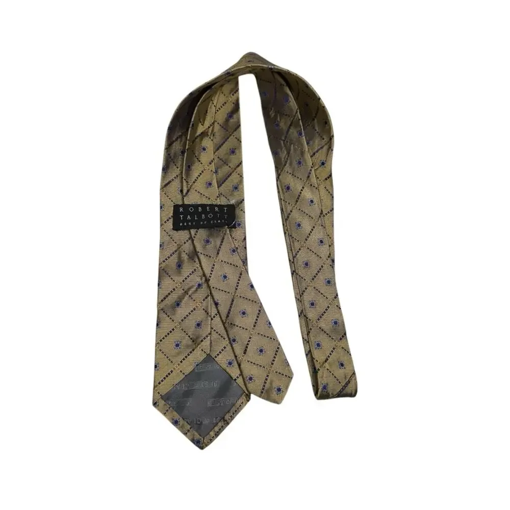 Robert Talbott Vintage Gold Blue Diamond Geo Print Silk Necktie Tie